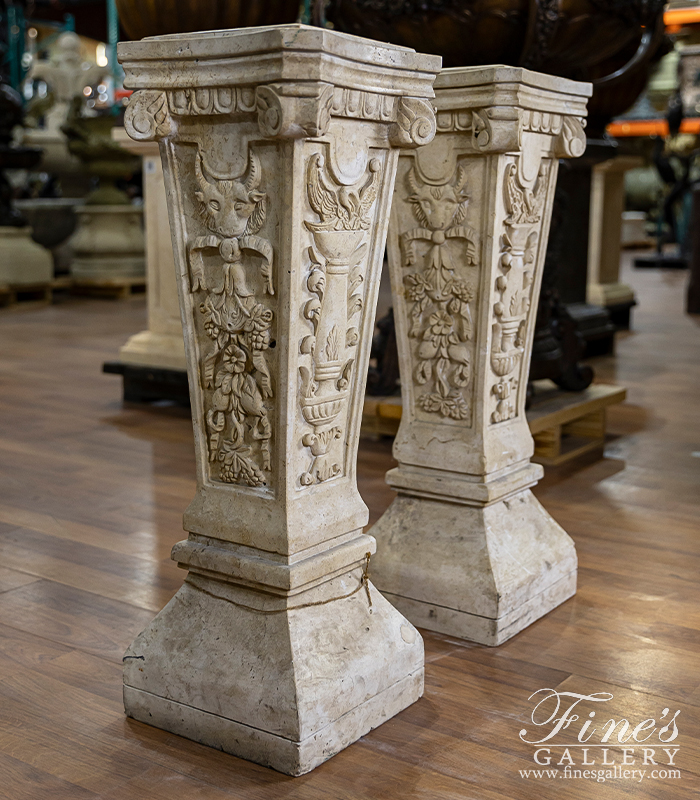 Marble Bases  - Ornate Hand Carved Pedestals In Light Travertine - MBS-080